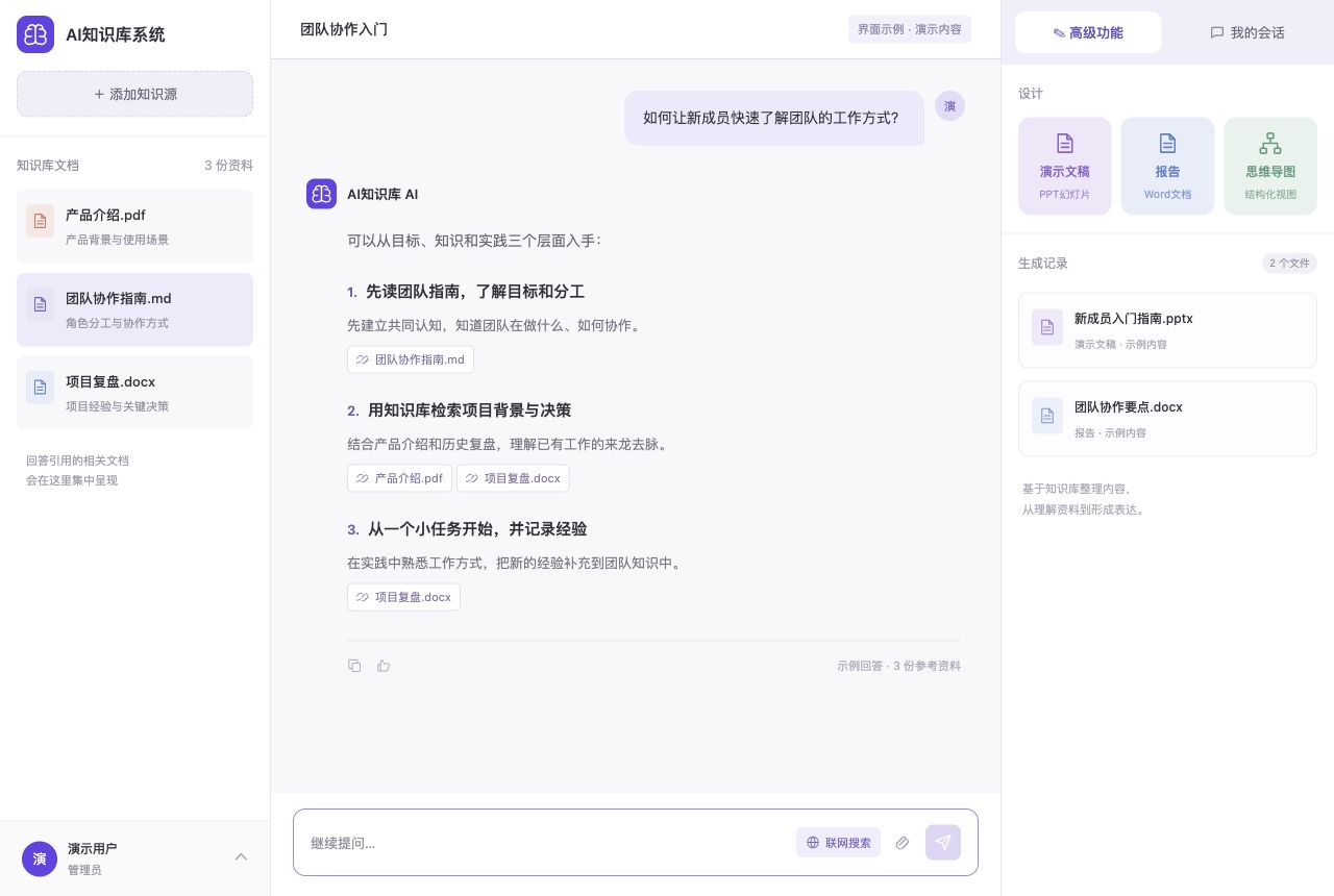 灵犀 Knowisp 界面示例：参考三份团队资料回答新成员入门问题，并展示文档引用与内容生成记录